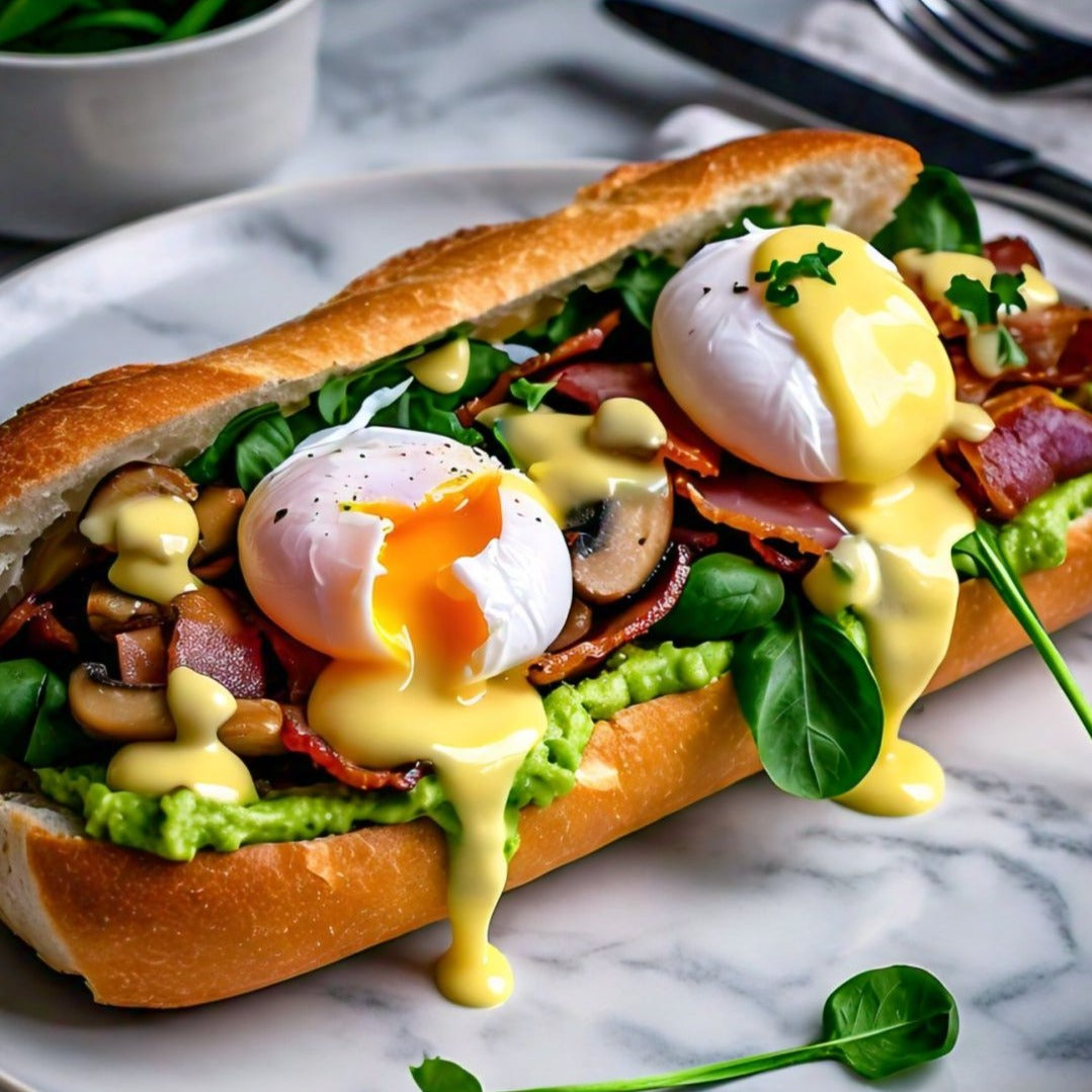 Toasted Baguette filled with Scotty's special green smash (Avocado, Asparagus, Peas), Hard Poached Eggs, Fresh Spinach, Crispy Bacon, Garlic Mushrooms and smothered in Hollandaise Sauce.